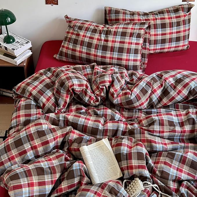 mixinni Vintage Red & Brown Buffalo Plaid Duvet Cover Set King Size - 3 Piece Washed Cotton Bedding Set with Classic Checkered Pattern, Cozy Farmhouse Duvet Cover with Pillowcases for All Seasons