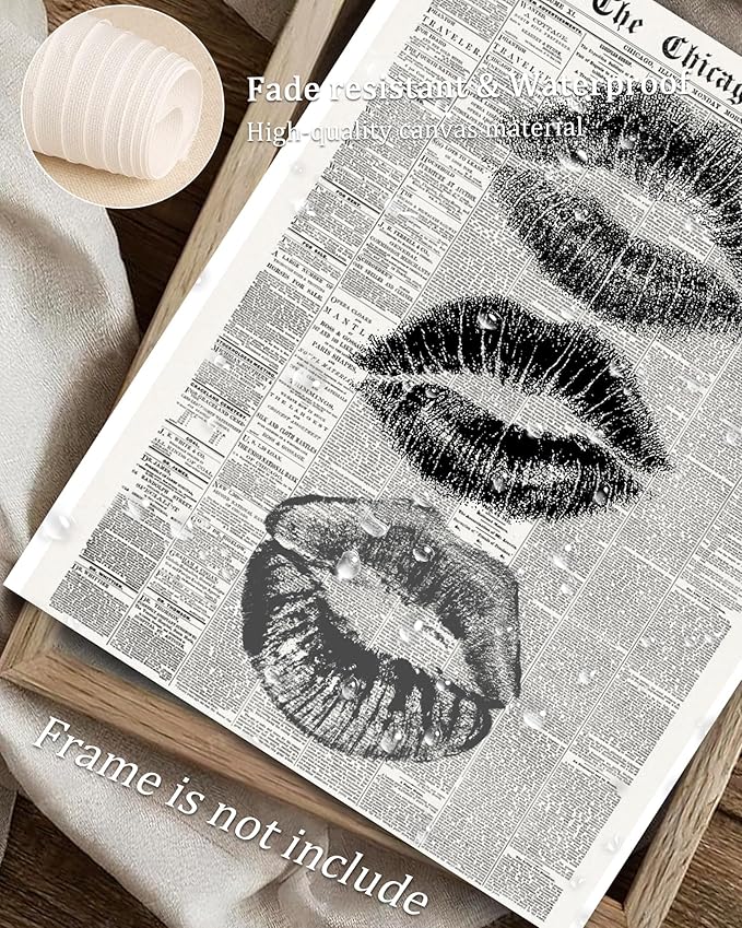 Vodefoad Trendy Newspaper Kiss Lips Wall Art Canvas Prints Disco Poster for Teen Girly Bedroom Apartment Vintage Black & White Newspaper Wall Dec Bar Cart decor -8x10 Unframed