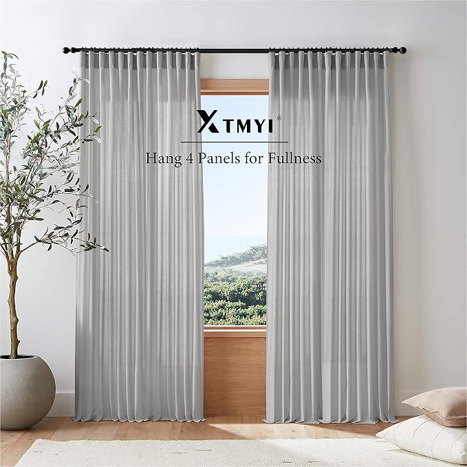 XTMYI Light Grey Curtains for Living Room Bedroom,Linen Boho Back Tab Pleated Sheer Curtain Set of 2 Panels,90 Inches Long