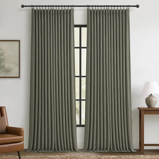 Greenish Grey Blackout Thick Linen Two Layer Office Curtains 92 Inches Long 2 Panels Set, Memory Trained Pinch Pleated Noise Reducing Heat Blocking Burlap Dining Room Rustic Window Drapes 40W x 92L