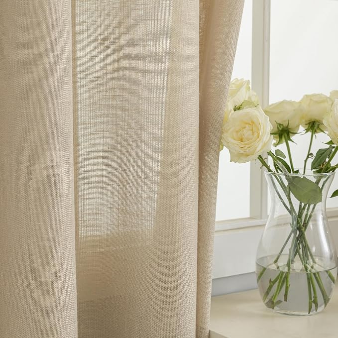 Linen Semi Sheer Curtains Tab Top Light Filtering Elegant Curtains & Drapes for Bedroom (Khaki, 52" W x 90" L, Pack of 2)