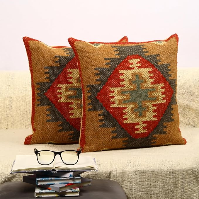 Trade Star Set of 2 Throw Pillow Covers Handloomed Rug Decorative Cushion case 70% Jute 30% Wool Desinger Handwoven Pillowcase Kilim Cushion Covers 18x18 Inches (Kilim 13)