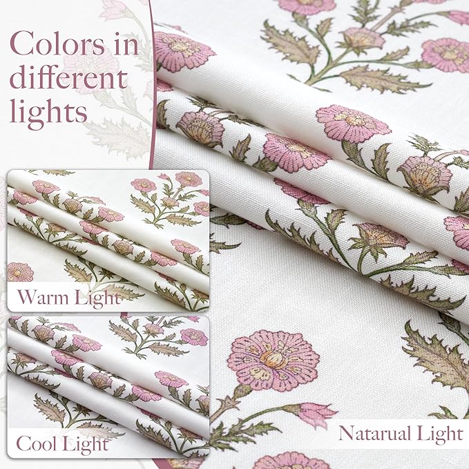 NICETOWN Floral Linen Curtains 84 inches Long Pink Pattern Printed for Girls Bedroom Nursery, Boho Farmhouse Window Sheer Curtain Drapes Aesthetic Light Filtering Privacy 2 Panel Sets, 55" W
