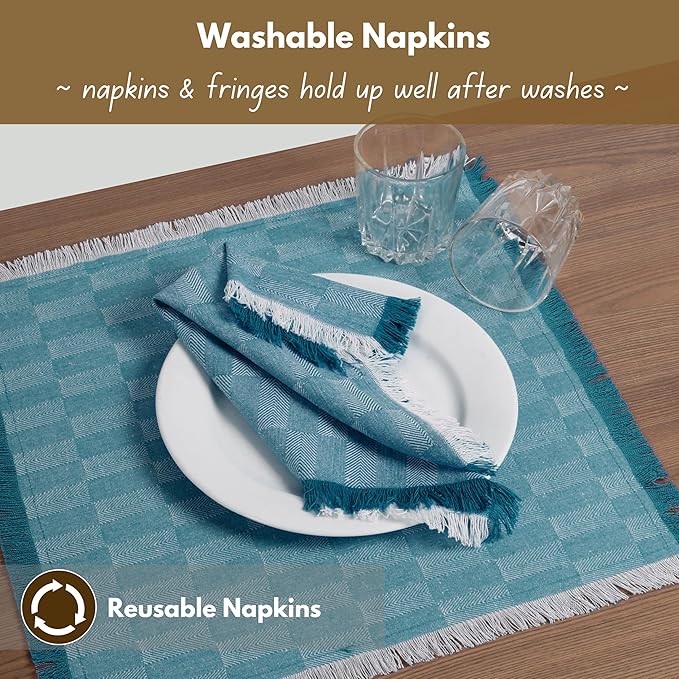 Native Fab Herringbone Cloth Napkins 16x16 inches, 100% Cotton Dinner Napkins with Fringes, Set of 12, Machine Washable Cloth Napkins, Soft Breathable Absorbent, Teal Green