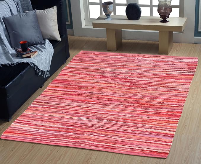 Handmade Cotton Chindi Rug Runner Area Rag Washable Recycled Rugs for Home Décor, Living Room and Bedroom (Pink, 4X6 Feet)