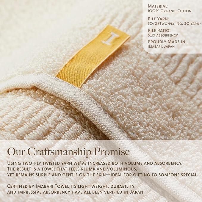 Highly Absorbent & Quick-Dry Organic Cotton Hand Towels, Lightweight & Resilient, Made in Japan, Oeko-Tex Class 1 Certified, 13.8 x 28 inch, Ivory, Pack of 2 – Proof of Purity