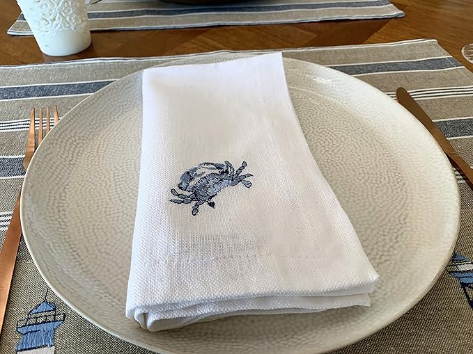 White Linen Dinner Napkins - 100% Linen Cloth - Fully Hemmed with Mitered Corners - Washable - Pack of 4 (Nautical Marine Embroidered)