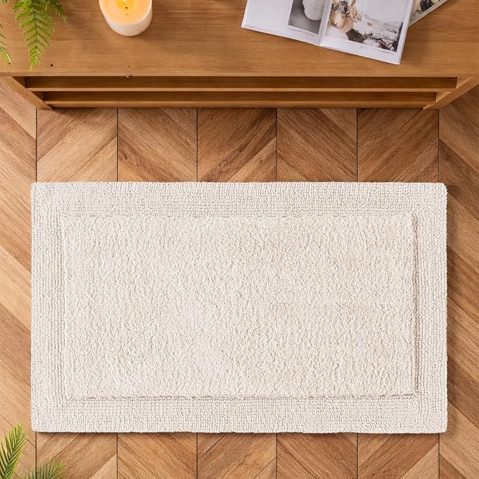 Bedding Craft Cotton Bath Mat Rug 21x34, Reversible Bathroom Rug, Water Absorbent, Machine Washable, Soft Cloth Bathmat for Outside Bathtub, Beige