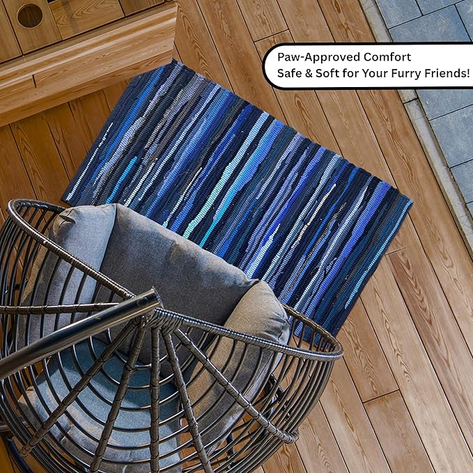 Ramanta Home Cotton Rag Rug 2'x3' - Navy, Braided Recycled Rugs for High Traffic Area, Boho Farmhouse Rug for Living Room, Kitchen, Entryway Bedroom Floor Mat - 24"x36"