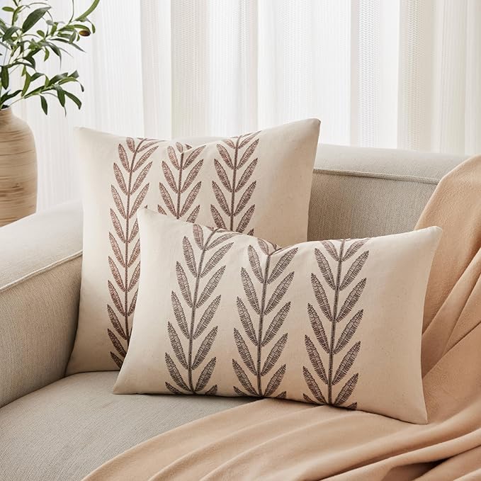 100% Cotton Farmhouse Leaves Throw Pillow Covers Set of 2, 18x18 Inch Chocolate Pastoral Decorative Print Cushion Covers for Sofa Bed Living Room Home Decor