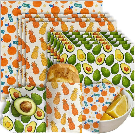 Reusable Beeswax Wrap, 9 Pack Eco-Friendly Food Storage, Sandwich, Snack, Bowl Covers, Organic, Sustainable, Zero Waste, Plastic-Free, 1XL, 3M, 5S, Orange Pineapple Avocado Patterns