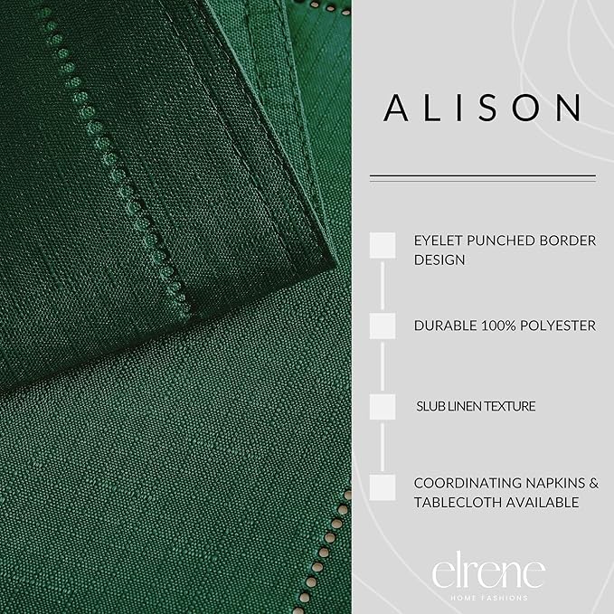 Elrene Home Fashions Alison Eyelet Border Design Cloth Wrinkle Resistant Fabric Placemat, Set of 4, 13"x19", Forest