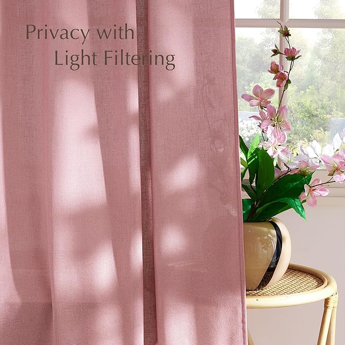 NICETOWN Thick Linen Pink Curtains for Girls Room, Rod Pocket & Back Tab Flax Linen Burlap Vertical Drapes Privacy Assured with Light Filtering Window Treatments for Bedroom, W55 x L84, 2 Panels