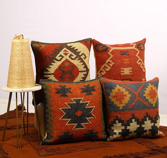 Trade Star 70% Jute 30% Wool Pillow Cover Throw Pillow Cover Ethnic Rug Pillow Covers Authentic Decorative Thick Cushion Case Kilim Cushion Cover Set of 4 Decorative Handwoven Pillowcase (Kilim 4)