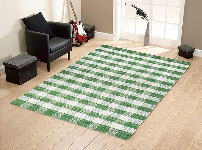 GLAMBURG Cotton Reversible Area Rug 3' x 5' Farmhouse Floor Mat, Handwoven Washable Carpet Checkered Plaid Rug for Front Porch Living Room Kitchen Bedroom - Green White