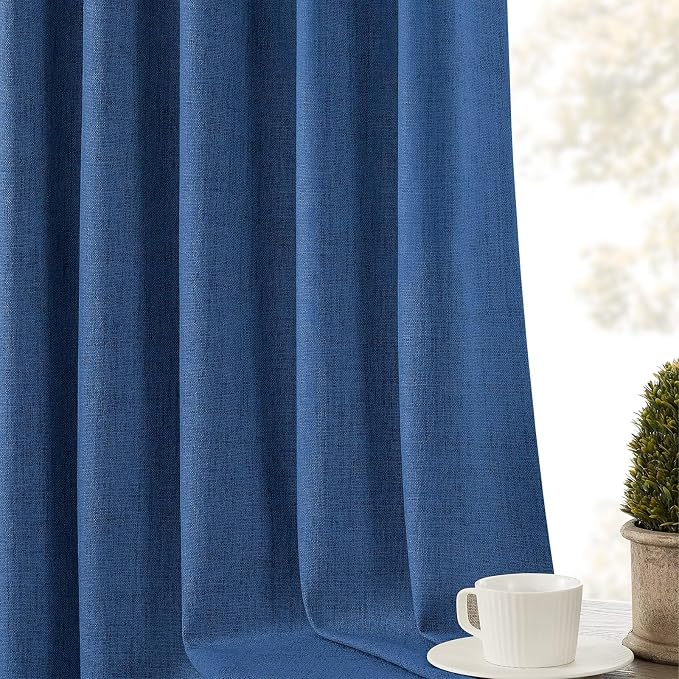 CUCRAF Linen 100% Blackout Curtains 84 Inch Length 2 Panels Set, Back Tab and Rod Pocket Curtain for Living Room Bedroom, Room Darkening Window Drapes Thermal Insulated, (37x84 inch, Navy Blue)