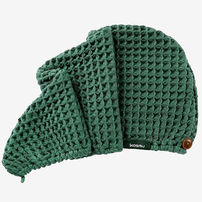 Luxury Organic Japanese Cotton Hair Drying Waffle Towel Wrap for Women | Absorbent, Quick-Dry Head Turban for Shower, Sauna, Spa | Extra Large for Long, Curly, Straight Hair With Button (Green, 1 Pc)