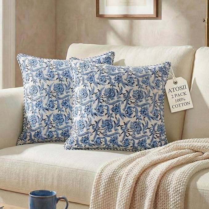 ATOSII Block Print Boho Throw Pillow Covers, 24 X 24, Set of 2, Decorative Couch Pillows for Living Room, 100% Cotton Canvas Acccent Pillows, Christmas Thanksgiving Fall Preppy Throws - Midnight Bloom