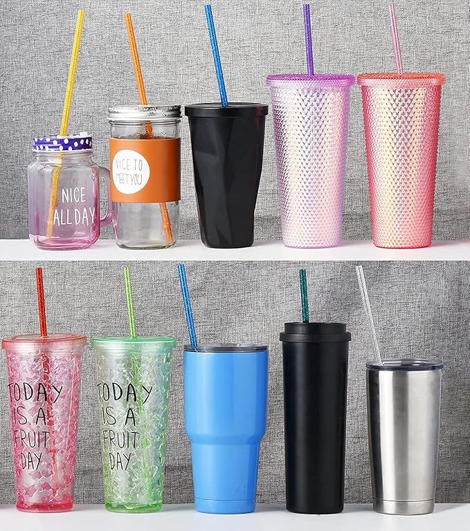 ALINK 12 PCS Reusable Glitter Straws, 11" Long Black Hard Plastic Tumbler Straws, Replacement Drinking Straws for 16 OZ 20 OZ 30 OZ Stanley, YETI, Mason Jar, Starbucks Cups with Brush