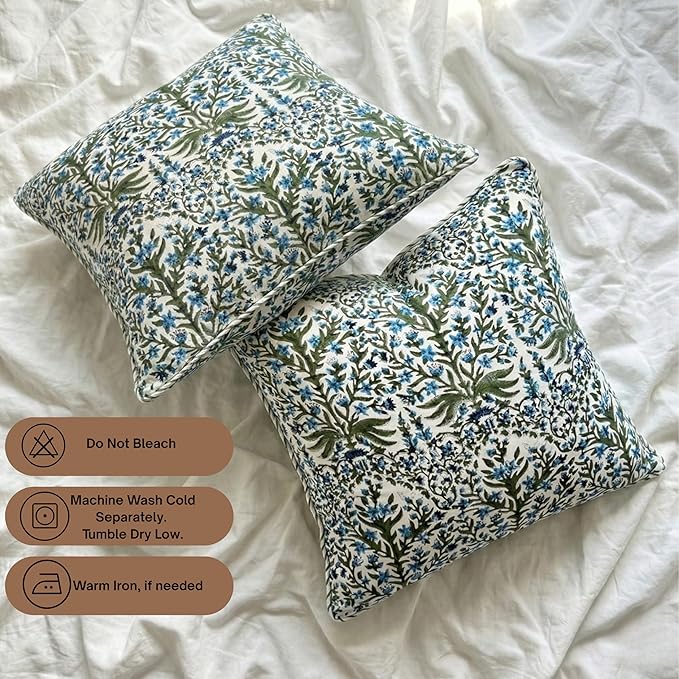 ATOSII Block Print Throw Pillow Covers, 20" X 20" - Set of 2, Decorative Couch Pillows for Living Room Bed Sofa, 100% Cotton Canvas Pillow Case for Home Decor & Outdoors, Preppy Throws - Nargis Blue