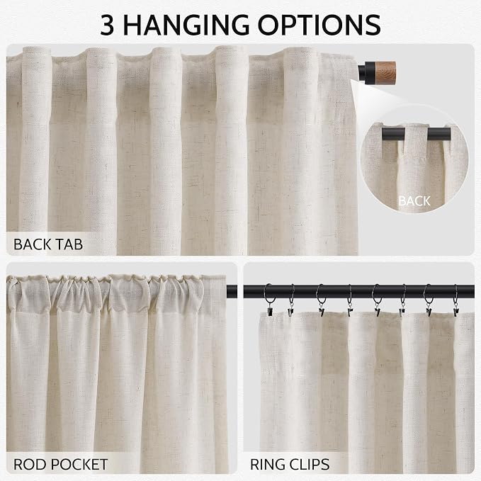 Nanspring Pearl White Linen Curtains for Living Room 72 Inches Long Luxury Light Filtering Semi Sheer Curtain Back Tab Coastal Decor Neutral Elegant Gray Drapes for Bedroom Office 52x72, 2 Panels