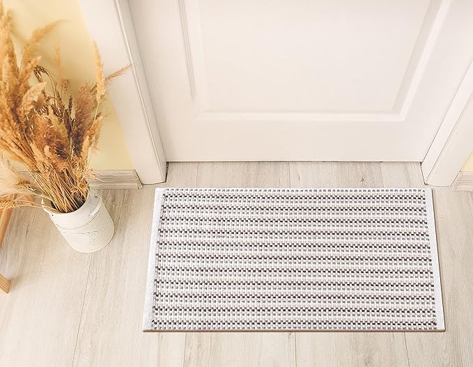 Cotton Chalk Stripe Woven Area Rug 2x3 Feet - Grey Beige, Farmhouse Soft & Durable Decorative Washable Floor Rugs Ideal for Entryway, Bedroom, Kitchen | Linen Small Nersery Space Reversible Door Mats