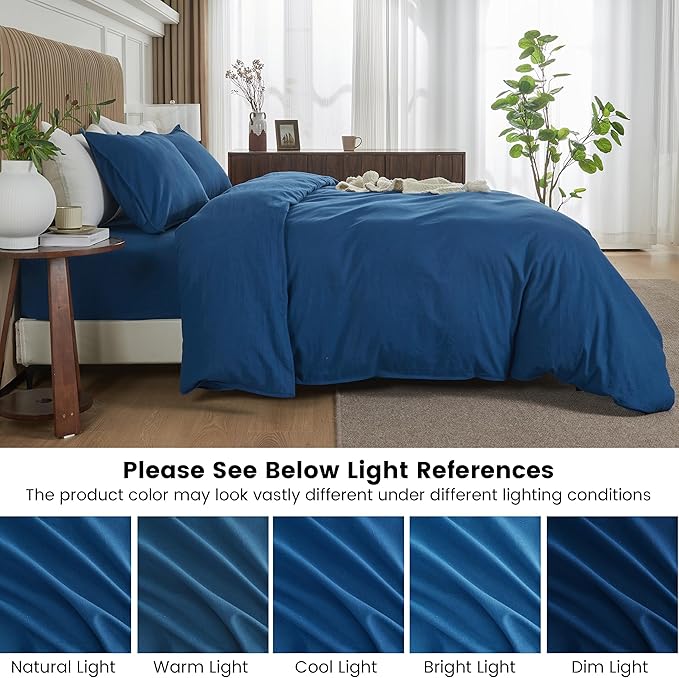BISELINA French Linen Duvet Cover Set 3pcs with Hidden Zipper Closure Natural Flax Cotton Blend Solid Color Soft Breathable Luxury Farmhouse Bedding - Queen Size, Navy Blue