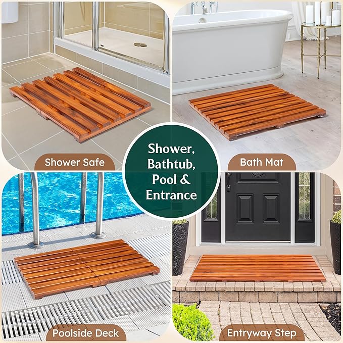 Premium Teak Shower Mat - 24" x 16" Non-Slip Wooden Bath Mat for Bathroom Floor, Fast-Drying Spa-Style Solid Wood Duckboard, Indoor & Outdoor Use
