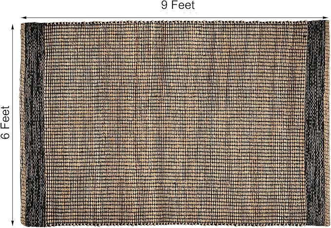 6' x 9' Jute & Black Wool Area Rug Handwoven Mini Check Natural Fiber Rug with 4" Border, Neutral Boho Farmhouse Rug for Living Room,Dining Room,Bedroom | 0.6" Pile (6' x 9')