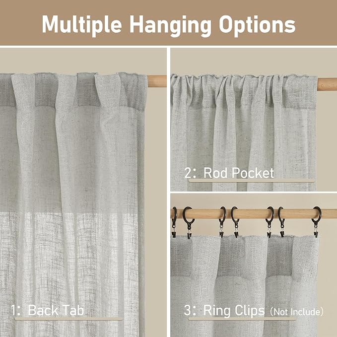 LAMIT Faux Linen Curtains 63 inches Long for Bedroom, Back Tab and Rod Pocket Thick Linen Drapes Light Filtering Semi Sheer Window Curtains for Living Room, 2 Panels (52 x 63 Inch, Light Grey)