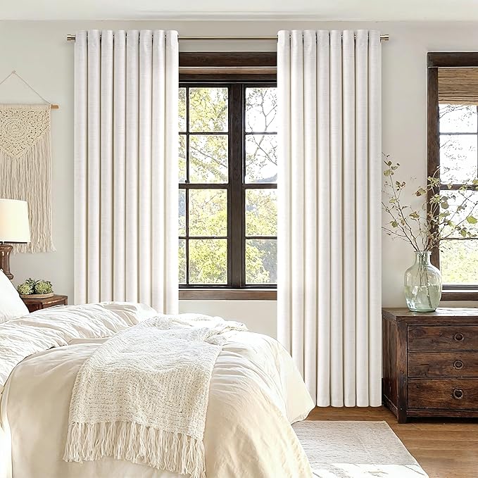 102 Inch Length 2 Panels Off White Curtains Ivory Cream Flax Burlap Light Filtering Semi Sheer Drapes Privacy Boho Farmhouse Large Window Ceiling to Floor Curtains for Bedroom 52x102