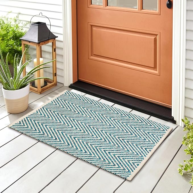 Cotton Chevron Hand Woven Area Rug 2x3 Feet - Teal, Accent Soft Decorative Reversible Floor Throw Carpet Ideal for Entryway, Kitchen, Nursery | Green Small Farmhouse Washable Home Space Décor Mat
