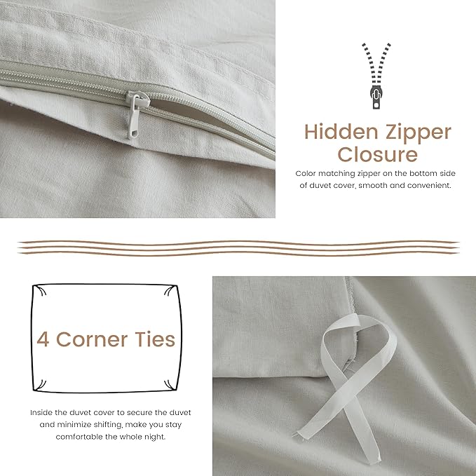 BISELINA French Linen Duvet Cover Set 3pcs with Hidden Zipper Closure Natural Flax Cotton Blend Solid Color Soft Breathable Luxury Farmhouse Bedding - Full Size, Khaki Grey