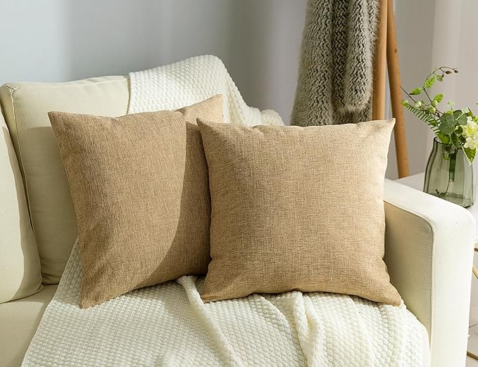 Stellhome Burlap Throw Pillow Covers Solid Farmhouse Linen Pillowcase for Bed Couch Sofa Bench, Set of 2, 24 x 24 inch (60 x 60 cm), Natural Linen