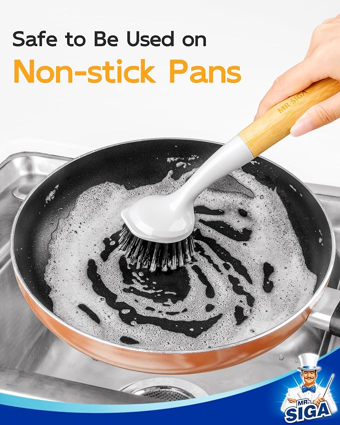 MR.SIGA Dish Brush with Handle, Dish Scrub Brush with Built-in Scraper, Bamboo Dish Brush for Pots and Pans, Kitchen Sink, 2 Pack