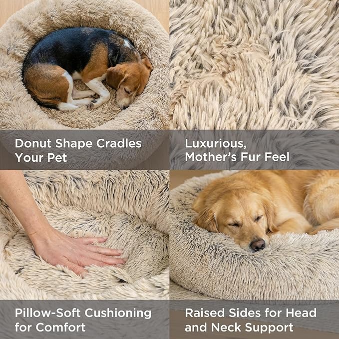 Best Friends by Sheri The Original Calming Donut Dog Bed for Large Dogs up to 100 lbs, Shag Faux Fur, Gray, Large, 36" x 36"