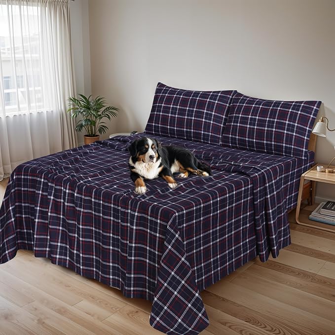 RUVANTI Flannel Sheets Queen Size - 100% Cotton Double Brushed Bed Sheets, Deep Pockets 16 Inches Queen Sheet Set, All Seasons Breathable & Extra Soft - Warm & Cozy, 4 Piece, Yankees Blue
