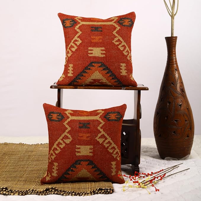 Trade Star Set of 2 Kilim Cushion Covers Handloomed Rug Decorative Cushion Cases Handwoven Pillowcases 18x18 Inches Throw Pillow Cover Designer Jute Wool Cushion Cover (Kilim 17)