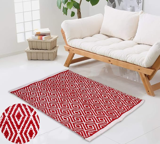 Chenille Cotton Diamond Rug 21x34 Inches - Red, Reversible Small Soft Washable Front Door Mat Ideal for Kitchen, Entryway, Bathroom | Farmhouse Boho Accent Indoor Throw Rugs for Bedroom, Patio
