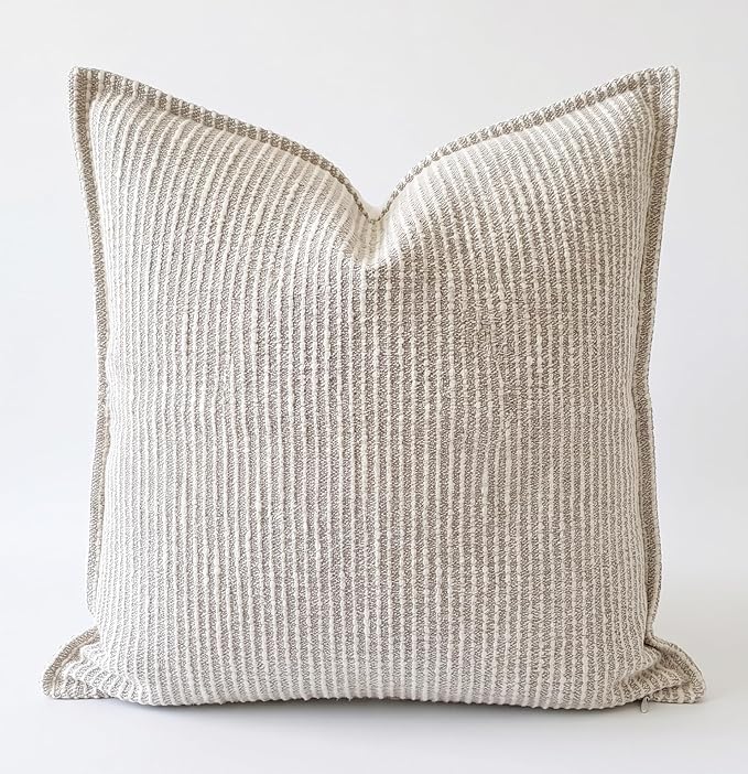 SanVia Cotton Throw Pillow Covers 20x20 – Handwoven Jacquard Texture, Fade-Resistant, No Pilling – Hidden Zipper, Decorative Cushion Cover for Sofa, Couch, Bed – Insert Not Included (Striped, Beige)