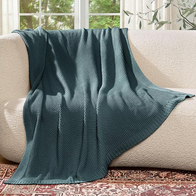 100% Cotton Cable Knit Throw Blanket, Large Lightweight Soft Knit Blanket for Sofa Couch Bed, Breathable All-Season Throw, Cozy Decorative Blanket, 60 x 80 Inch,Teal