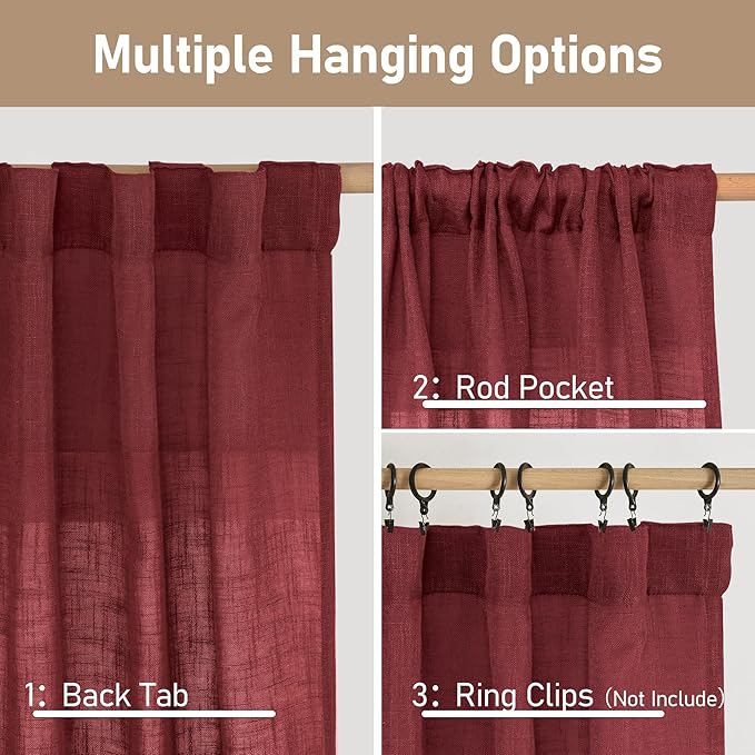 LAMIT 72 inch Red Linen Curtains for Living Room 2 Panels, Linen Textured Light Filtering Semi Sheer Back Tab and Rod Pocket Curtain Panels for Bedroom/Farmhouse, Burgundy Red, 52 x 72 Inch