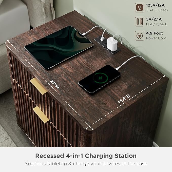 T4TREAM 23'' Fluted Nightstand with Charging Station, Large 2 Drawer Side Table, Modern End Table with Storage, Mid Century Bedside Table for Bedroom, Living Room, Curved Profile, Dark Walnut
