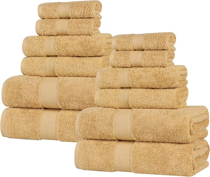 Superior 100% Organic Cotton 12-Piece Towel Set, Includes 4 Bath Towel, 4 Hand Towel, 4 Face Towel/Washcloth, Daily Use, Bathroom, Guest Bath, Absorbent, Home Essentials, Oregon Collection, Gold