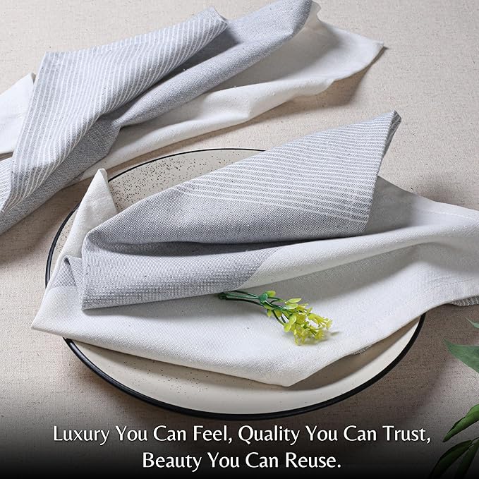 Ramanta Home Cloth Napkins Set of 12 18x18 Inches - Spring Basket Decor Block Striped Dinner Napkins for Easter Farmhouse Wedding, Washable Soft Cotton Durable Table Linen for Everyday Use - Grey