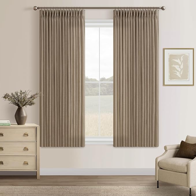 Latte Memory Trained Linen Blend Curtains 63 Inch Length Light Taupe Country Semi Sheer Privacy Pleated Drapes with Track Syetem 50 Inch Wide Back Tab Burlap Curtain 2 Panels for Dining Room Bedroom