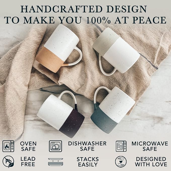 MORA Ceramics 12oz Coffee Mug Set of 4 - Ceramic Tea Cups with Handle - Microwave and Dishwasher Safe, Perfect For Cup or Mug Lovers - Rustic Matte Glaze, Modern Design Mugs - Assorted Colors
