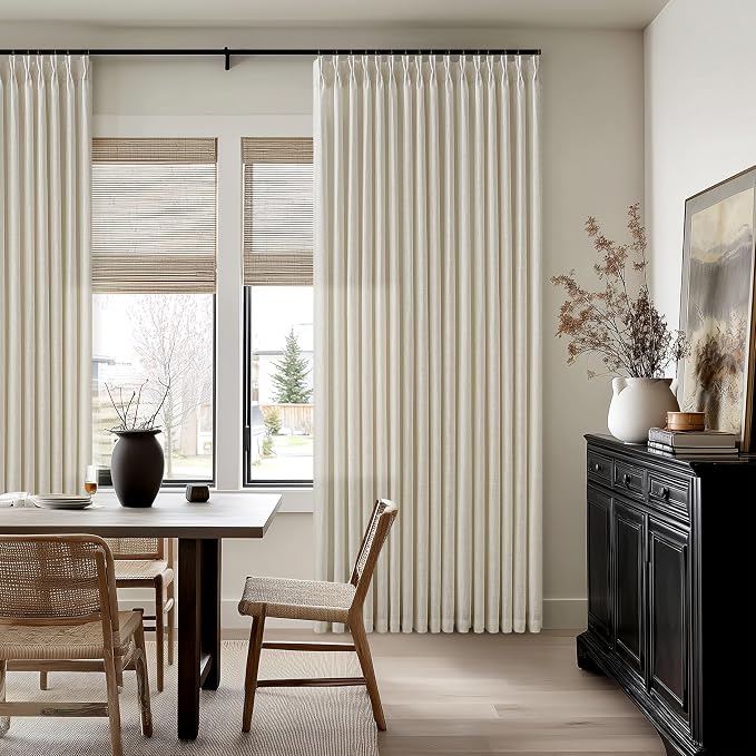 112 Inch Linen Pinch Pleated Curtains 2 Panels for Living Room Bedroom Memory Training Shaped Semi Sheer Beige Light Tan Pinch Pleat Drapes with Hooks Rings Light Filtering Window Curtain 50x112
