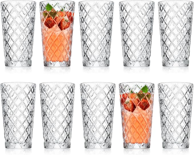 Glaver's Drinking Glasses - Set of 10-14oz. Highball Glass Cups - Dishwasher Safe Cocktail - Diamond Cut Shape - Tall Beer Glasses, Water Glasses, Bar Glass, Wine, Juice, Iced Tea