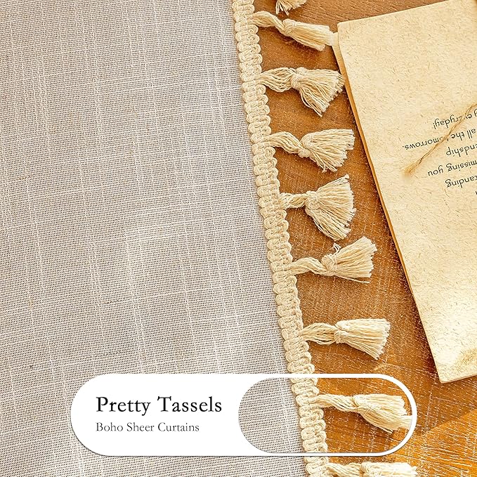 MYSKY HOME 90 Inch Boho Cream Semi Sheer Curtains Light Filtering Back Tab Drapes for Living Room Sliding Door & Patio Privacy Protect Farmhouse Country Decor, 50" W×90" L, Natural, 2 Panels